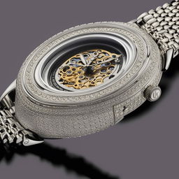 A luxury wrist watch displaying intricate designs and details