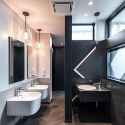 A modern design for women's and men's restrooms in a gym studio, utilizing a sophisticated color palette