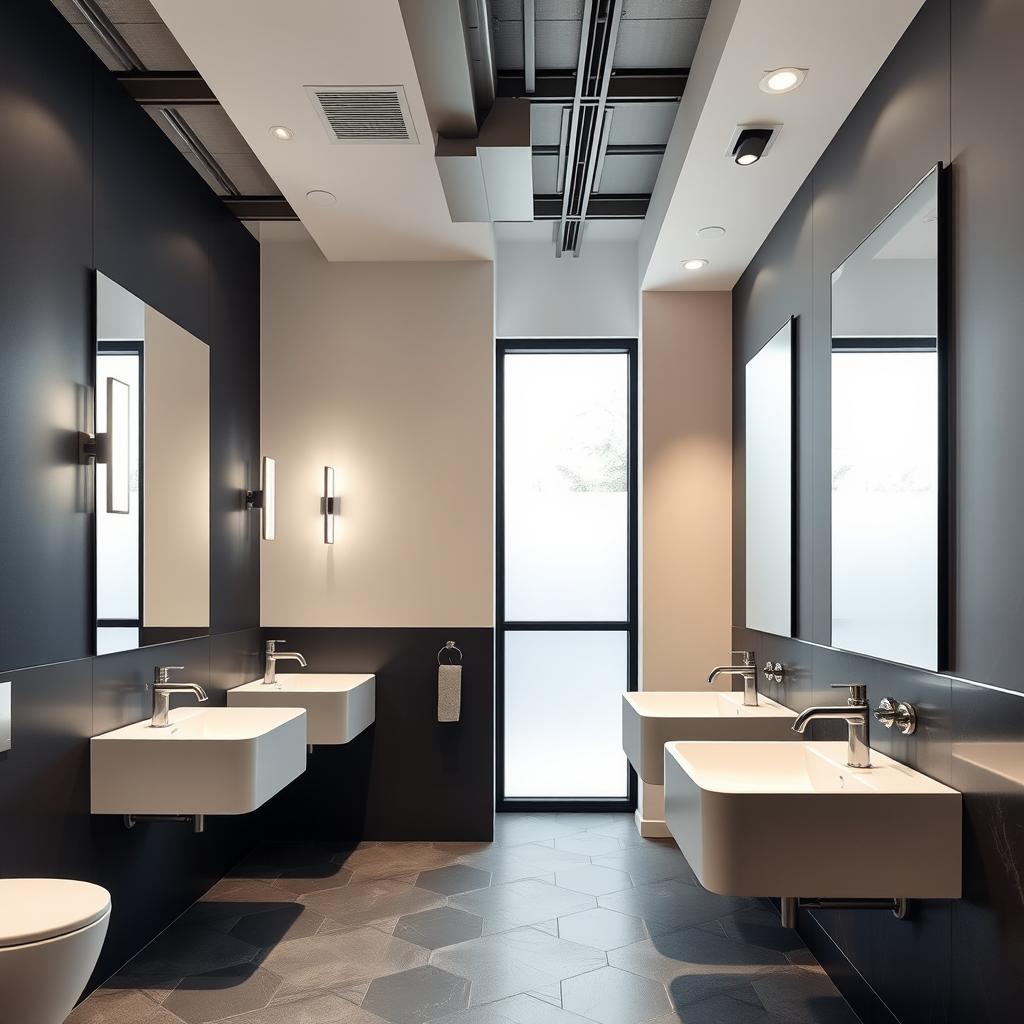 A modern design for women's and men's restrooms in a gym studio, utilizing a sophisticated color palette