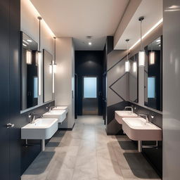 A modern design for women's and men's restrooms in a gym studio, utilizing a sophisticated color palette