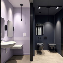 A contemporary design for men's and women's restrooms in a gym studio, showcasing a harmonious color palette