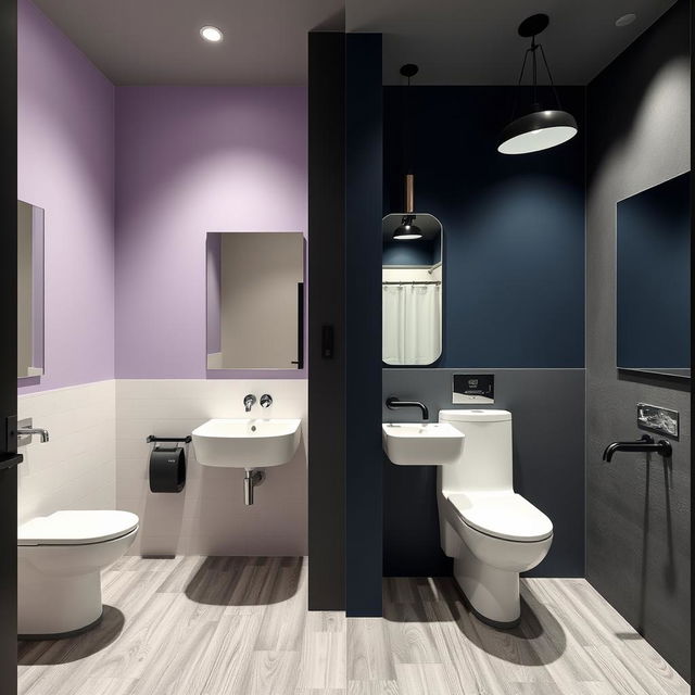 A contemporary design for men's and women's restrooms in a gym studio, showcasing a harmonious color palette