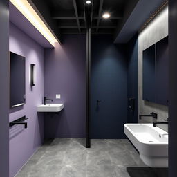 A contemporary design for men's and women's restrooms in a gym studio, showcasing a harmonious color palette
