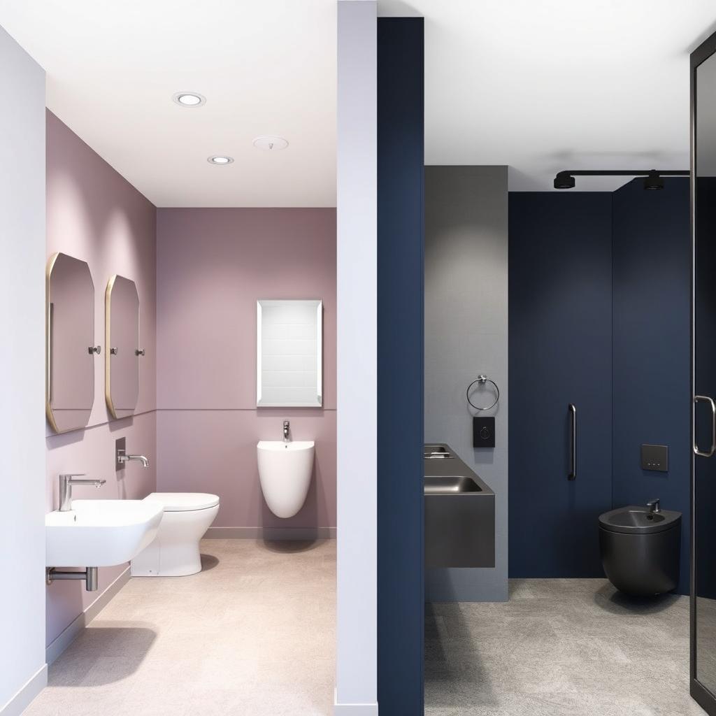 A contemporary design for men's and women's restrooms in a gym studio, showcasing a harmonious color palette