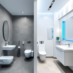 A stylish design for men's and women's restrooms in a gym studio, featuring a refined color palette of white, gray, and blue