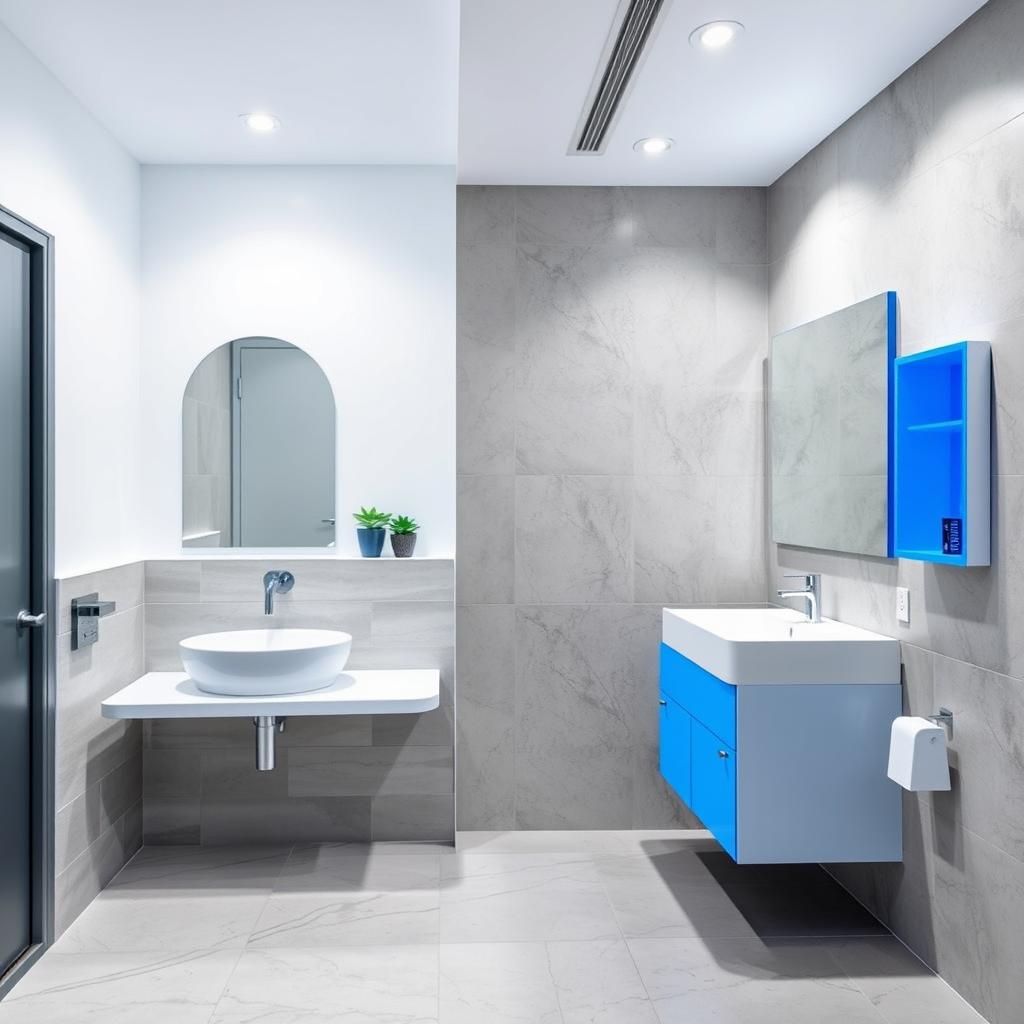 A stylish design for men's and women's restrooms in a gym studio, featuring a refined color palette of white, gray, and blue