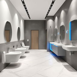 A stylish design for men's and women's restrooms in a gym studio, featuring a refined color palette of white, gray, and blue