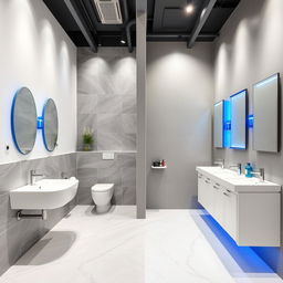 A stylish design for men's and women's restrooms in a gym studio, featuring a refined color palette of white, gray, and blue