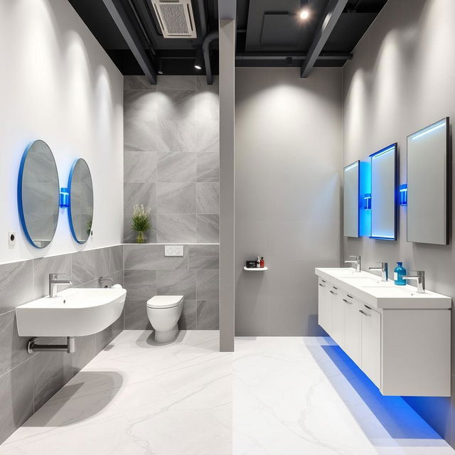 A stylish design for men's and women's restrooms in a gym studio, featuring a refined color palette of white, gray, and blue