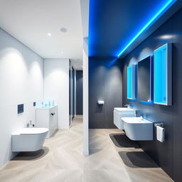 A sleek and modern design for men's and women's restrooms in a gym studio, featuring a refined color palette of white, gray, and blue