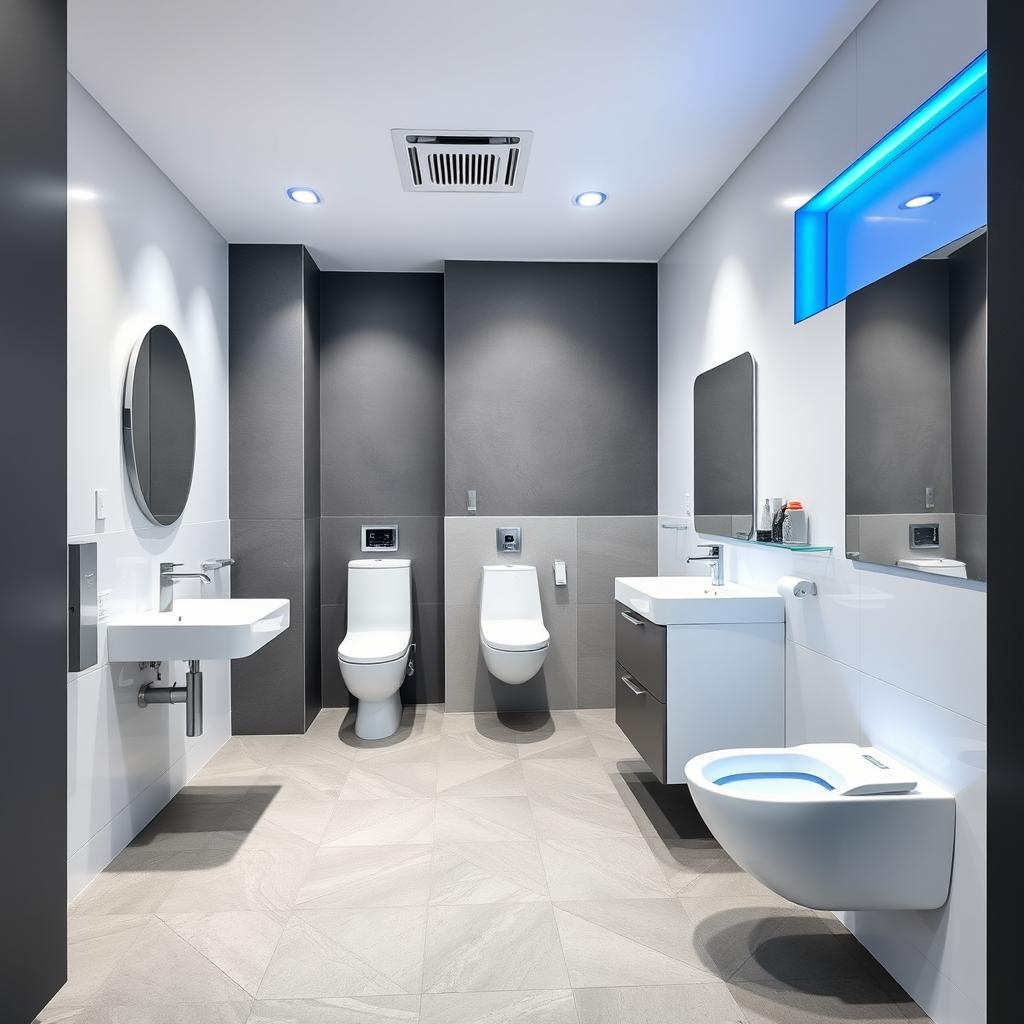 A sleek and modern design for men's and women's restrooms in a gym studio, featuring a refined color palette of white, gray, and blue