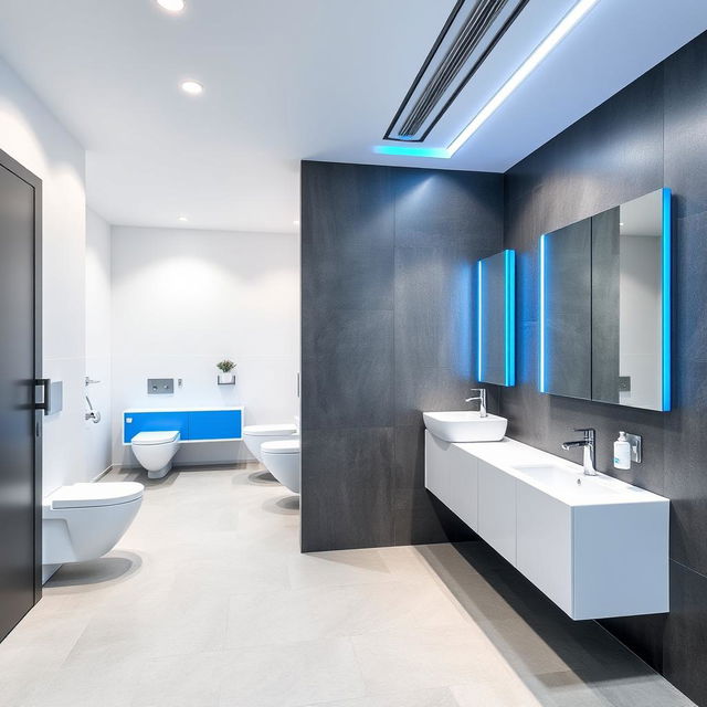 A sleek and modern design for men's and women's restrooms in a gym studio, featuring a refined color palette of white, gray, and blue