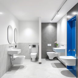 A contemporary design for men's and women's restrooms in a gym studio, featuring a cohesive color palette of white, gray, and blue