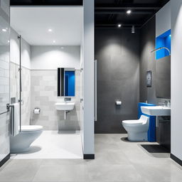 A contemporary design for men's and women's restrooms in a gym studio, featuring a cohesive color palette of white, gray, and blue