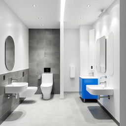 A contemporary design for men's and women's restrooms in a gym studio, featuring a cohesive color palette of white, gray, and blue