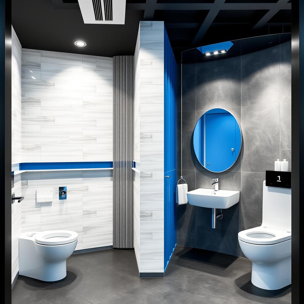 A contemporary design for men's and women's restrooms in a gym studio, featuring a cohesive color palette of white, gray, and blue
