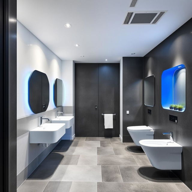A contemporary restroom design for both men and women in a gym studio, using a sophisticated color palette of white, gray, and blue