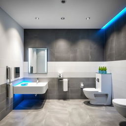 A contemporary restroom design for both men and women in a gym studio, using a sophisticated color palette of white, gray, and blue