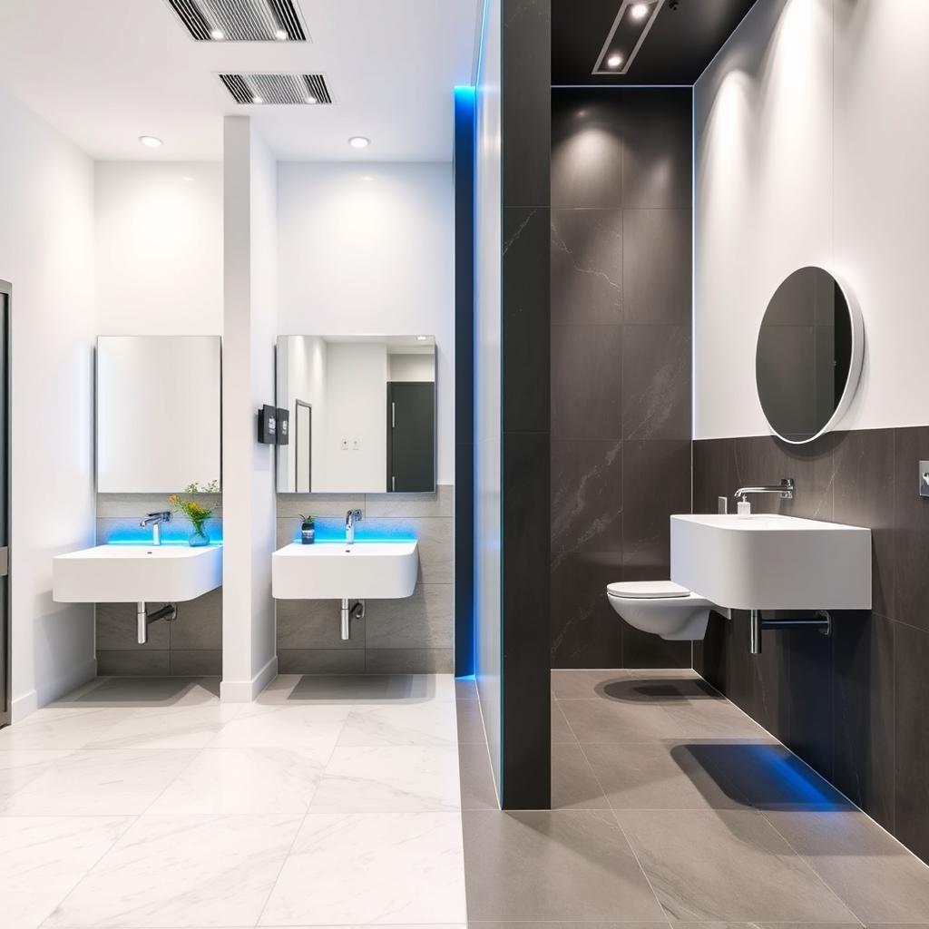 A contemporary restroom design for both men and women in a gym studio, using a sophisticated color palette of white, gray, and blue