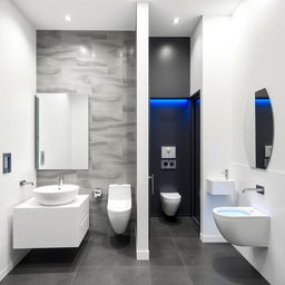 A contemporary restroom design for both men and women in a gym studio, using a sophisticated color palette of white, gray, and blue