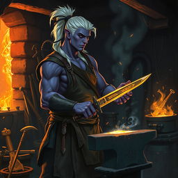 A male Drow blacksmith working in a dimly lit forge, with glowing embers and sparks flying around