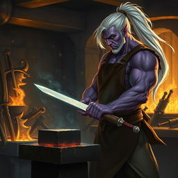 A male Drow blacksmith working in a dimly lit forge, with glowing embers and sparks flying around