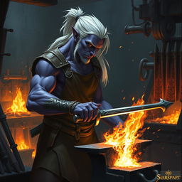 A male Drow blacksmith working in a dimly lit forge, with glowing embers and sparks flying around