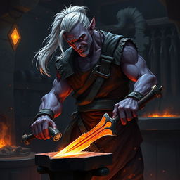 A male Drow blacksmith working in a dimly lit forge, with glowing embers and sparks flying around