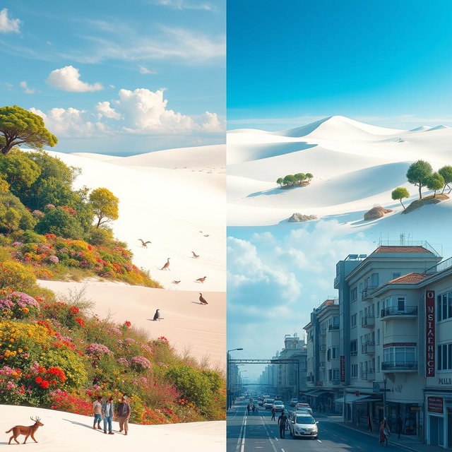 A surreal landscape that visually represents the four types of space: 1