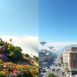 A surreal landscape that visually represents the four types of space: 1