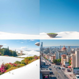A surreal landscape that visually represents the four types of space: 1