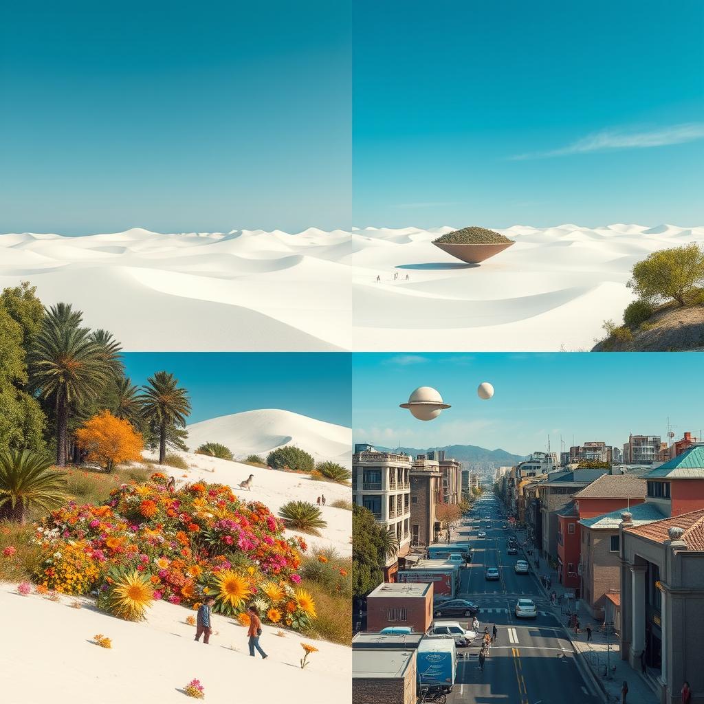 A surreal landscape that visually represents the four types of space: 1
