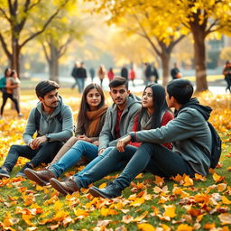 A bustling university campus during fall, with a vibrant scene of yellow and orange leaves scattered on the ground