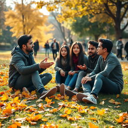 A bustling university campus during fall, with a vibrant scene of yellow and orange leaves scattered on the ground