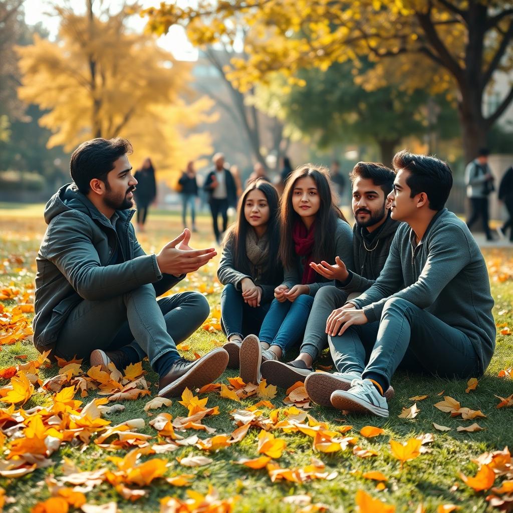 A bustling university campus during fall, with a vibrant scene of yellow and orange leaves scattered on the ground