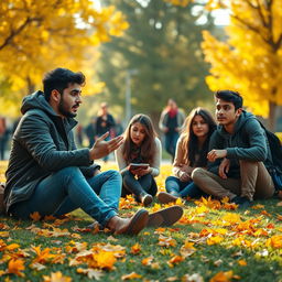 A bustling university campus during fall, with a vibrant scene of yellow and orange leaves scattered on the ground