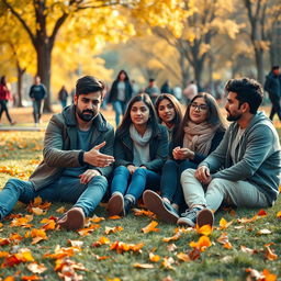 A bustling university campus during fall, with a vibrant scene of yellow and orange leaves scattered on the ground