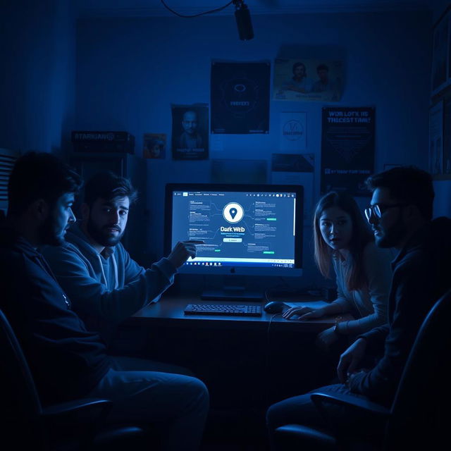 A dimly lit room featuring a glowing computer screen at its center, surrounded by Arash, Nima, Farideh, and Kamyar who are seated around a desk