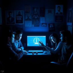A dimly lit room featuring a glowing computer screen at its center, surrounded by Arash, Nima, Farideh, and Kamyar who are seated around a desk