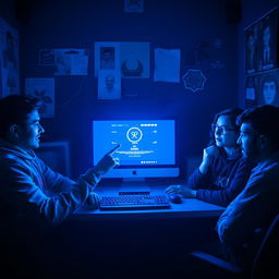 A dimly lit room featuring a glowing computer screen at its center, surrounded by Arash, Nima, Farideh, and Kamyar who are seated around a desk