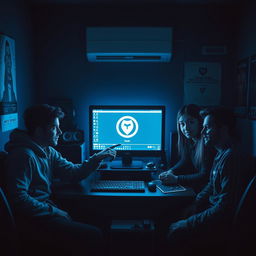 A dimly lit room featuring a glowing computer screen at its center, surrounded by Arash, Nima, Farideh, and Kamyar who are seated around a desk