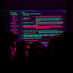 A close-up of a dark web interface displayed on a computer screen, featuring cryptic, glowing text and links in striking neon green and red against a deep black background