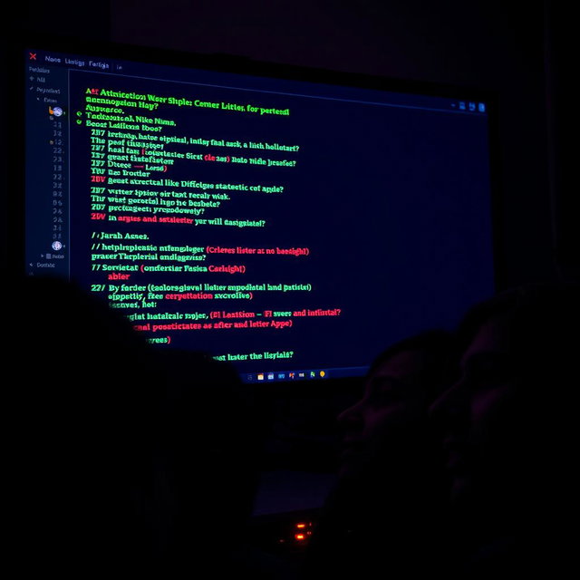 A close-up of a dark web interface displayed on a computer screen, featuring cryptic, glowing text and links in striking neon green and red against a deep black background