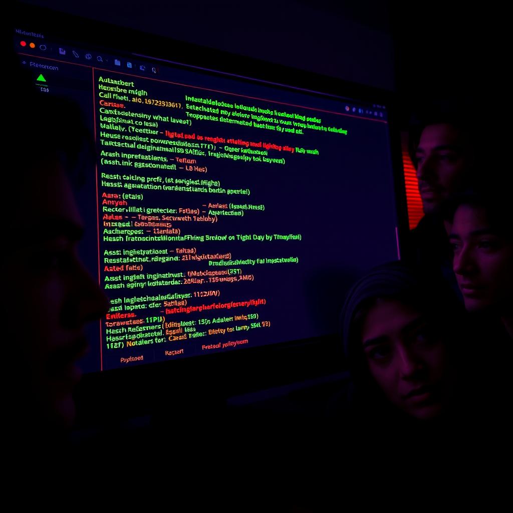 A close-up of a dark web interface displayed on a computer screen, featuring cryptic, glowing text and links in striking neon green and red against a deep black background