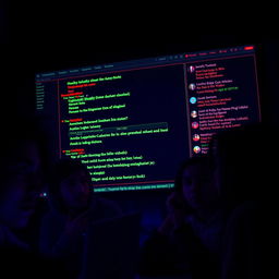 A close-up of a dark web interface displayed on a computer screen, featuring cryptic, glowing text and links in striking neon green and red against a deep black background
