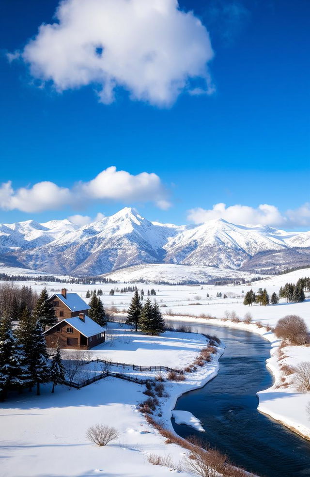 A breathtaking winter countryside scene featuring majestic snow-covered mountains in the background, dotted with evergreen trees
