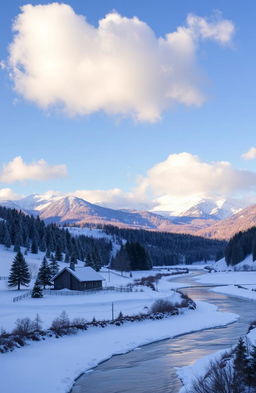 A breathtaking winter countryside scene featuring majestic snow-covered mountains in the background, dotted with evergreen trees