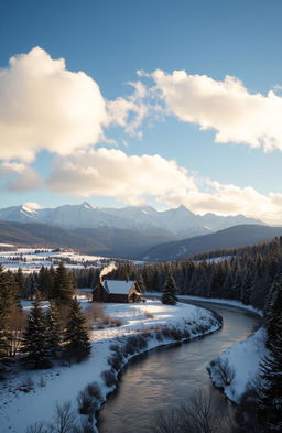 A breathtaking winter countryside scene featuring majestic snow-covered mountains in the background, dotted with evergreen trees