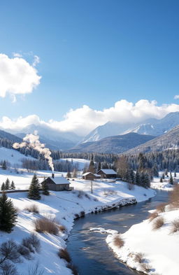 A breathtaking winter countryside scene featuring majestic snow-covered mountains in the background, dotted with evergreen trees