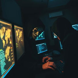 In a dimly lit room filled with multiple computer screens displaying digital maps and IP addresses, two figures are engaged in a tense atmosphere